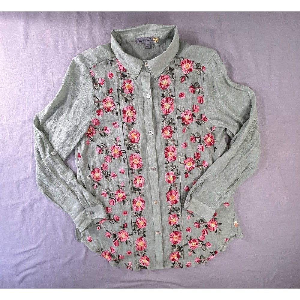 Figueroa and Flower Roll Tab Embroidered Button Front Shirt Women's Medium
